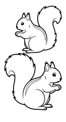 Fototapeta premium Adorable Squirrels Eating Nuts Line Art Illustration for Children's Books, Coloring Pages and Educational Materials. Featuring cute animal characters, simple design, outline drawings, wildlife theme,