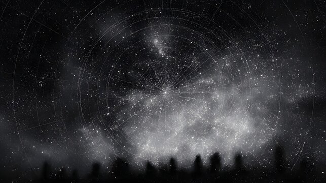 A celestial map of stars and nebulae overlays a dark forest silhouette under a cosmic night sky - Powered by Adobe