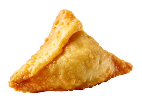 Golden brown fried savory pastry triangle isolated on white, isolated on transparent cutout background