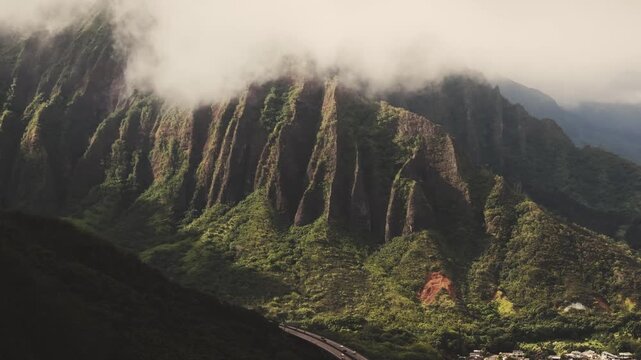 Scenic mountain view with clouds and greenery, aerial video, Oahu, Hawaii, 4K