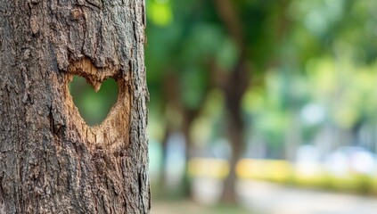 A weathered tree trunk with a heart-shaped hole, blurred green background