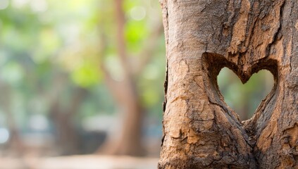 Close-up of a tree trunk with a heart-shaped carving, blurred forest background