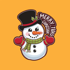 Cute Snowman with Merry Christmas Typography on Yellow Background