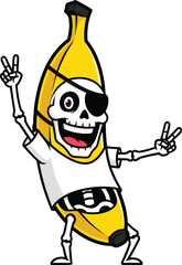 Cartoon banana skeleton pirate character, funny fruit mascot illustration, creative vector drawing, playful food artwork, stylish anthropomorphic design, cad drawing flat vector illustration