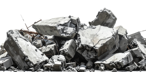 Pile of concrete rubble isolated on transparent background representing destruction