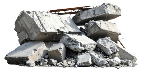 Pile of concrete rubble isolated on transparent background representing destruction