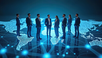 Diverse team of professionals stands on glowing world map, global business connections. People in suits collaborate across continents in digital network, representing future strategy, innovation.
