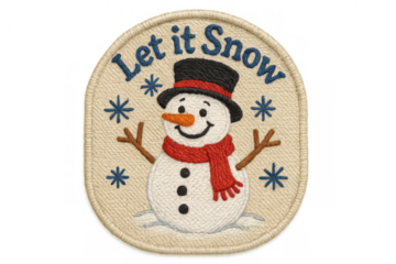 Snowman embroidery patch with let it snow text, winter holiday applique design for seasonal decorations