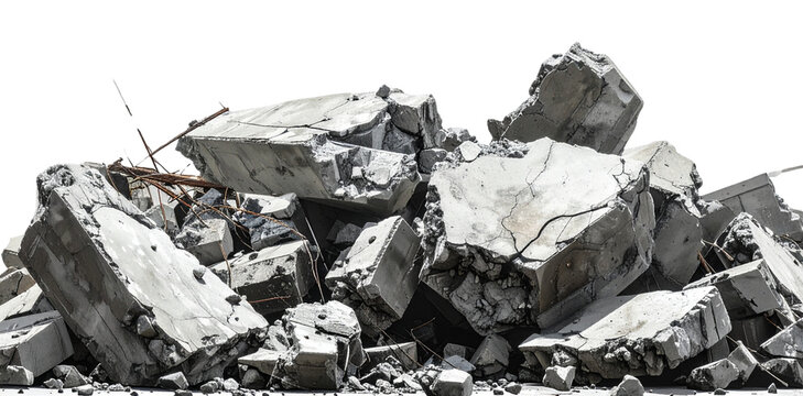 Pile of concrete rubble isolated on transparent background representing destruction