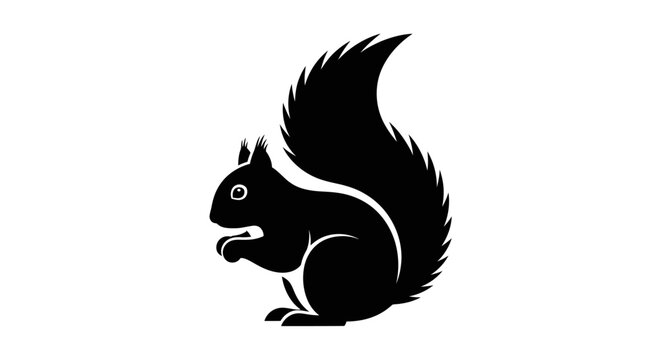Black silhouette of a squirrel holding food with a bushy tail on a white background.