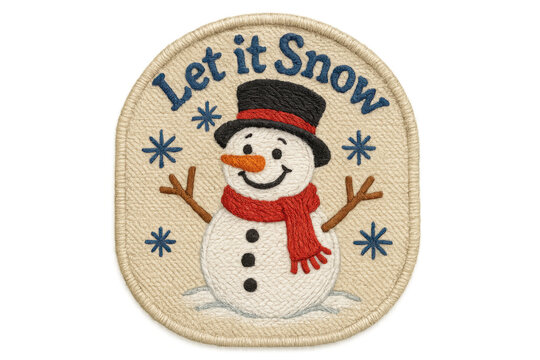 Snowman embroidery patch with let it snow text, winter holiday applique design for seasonal decorations
