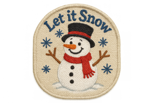 Snowman embroidery patch with let it snow text, winter holiday applique design for seasonal decorations