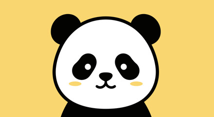 Cartoon panda face with black ears and patches around the eyes, against a yellow background.