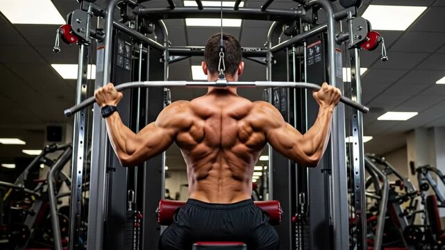 Intense gym workout: man performing focused lat pulldown for back muscle development