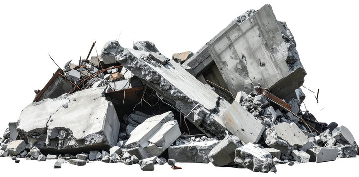 Pile of concrete rubble isolated on transparent background representing destruction