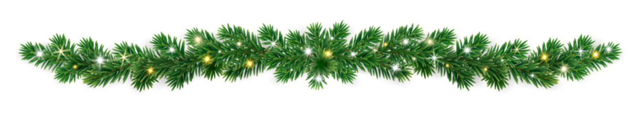 Realistic Christmas garland of lush fir branches with twinkling lights and sparkles. Beautiful festive decoration for banners and greeting cards. Transparent background in vector file. © Olga Prozorova
