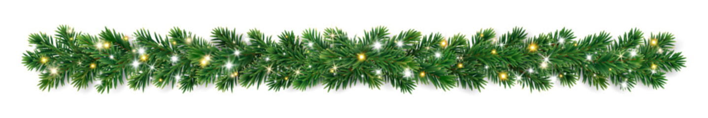 Obraz na płótnie Canvas Horizontal Christmas garland of green fir branches with sparkling glowing lights. Realistic evergreen border for festive banners, cards, and headers. Transparent background in vector file.