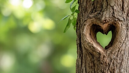 Close-up of a tree trunk with a heart-shaped hole, lush green background