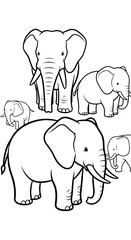 Obraz premium Elephant Family Gathering in the Wild, Coloring Page Activity for Kids, Educational Wildlife Illustration, Conservation Concept, Biodiversity, Ecology Theme, Line Art, Black and White Sketch, Animal W