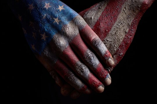 Two hands joined together, painted in the American flag colors with stars and stripes.