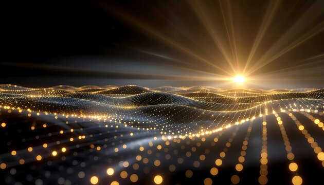 Abstract digital landscape with golden sunburst and glowing data streams
