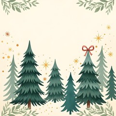 Obraz premium Whimsical watercolor illustration of a festive evergreen forest with a red bow on the tallest tree