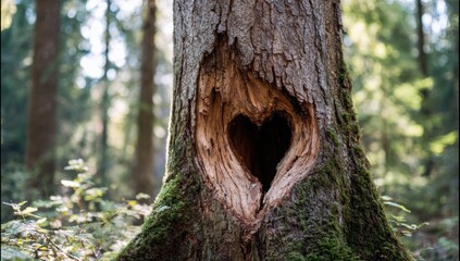 A heart-shaped hole pierces a tree trunk in a sun-dappled forest, evoking love