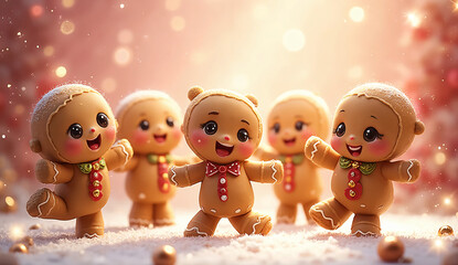 Cute Gingerbread Cookie Characters Dancing with Bells and Stars on Pink and Gold Festive Sweet Christmas Background