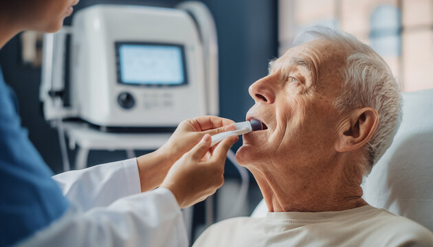 Healthcare professional checking an elderly patient's temperature with a digital oral thermometer in a hospital clinic