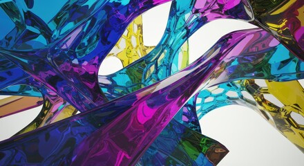 Intertwined iridescent abstract structures present vibrant chromatic reflections against a light background