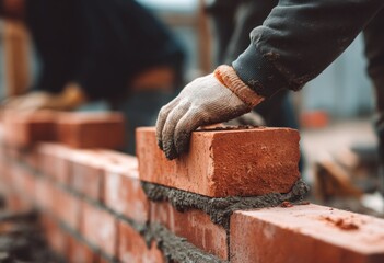 Close-up of a gloved hand laying a red brick, part of a wall under construction