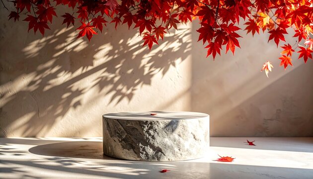 Autumn leaves cast shadows on a textured cylinder pedestal with a single red leaf on the surface - Powered by Adobe