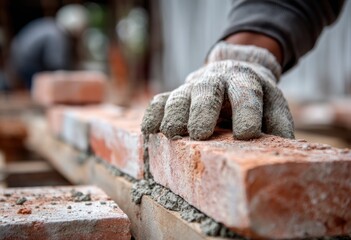 Close-up of gloved hand laying brick with mortar, focused on construction detail