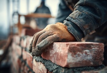 Close-up shot of gloved hand laying brick, blurred worker in background on construction site