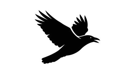 Silhouette of a black raven in mid-flight, wings spread wide against white.