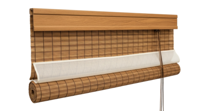 Bamboo roman shade with white fabric insert transparent background cutout png