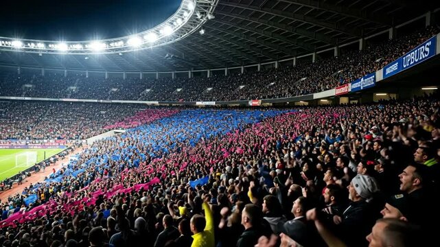 Enthusiastic soccer fans creating vibrant human wave in packed stadium