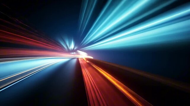 Dynamic motion blur of vibrant blue and orange light streaks, capturing the essence of speed and energy, camera follows through a continuous scene progression