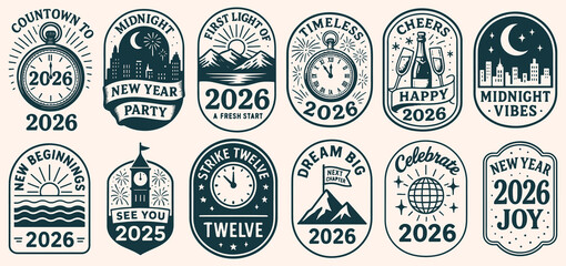 Naklejka premium New year 2026 vintage badges. retro emblems for celebration: countdown, champagne, city, mountain, sun, globe. ideal for cards, invites.