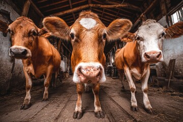 Three cows stand close in a rustic barn, looking directly at the viewer with curious expressions