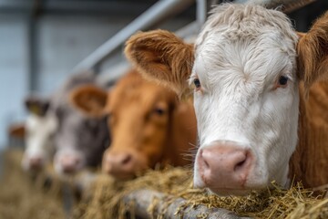 Four cows in a row, heads close, looking at camera, inside a barn, with hay