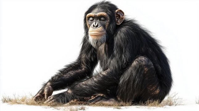 Chimpanzee in Natural Habitat: Endangered Primate Sitting in Wildlife Scenery | Animal Behavior and Conservation Insights | Ethology and Biodiversity in Tropical Ecosystems