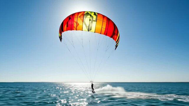 Vibrant paraglider soaring over sparkling ocean waters under bright sunlight