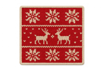 Red christmas knitted sweater pattern with reindeers, snowflakes, and hearts celebrating winter holidays, transparent background