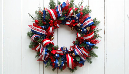 Elegant American Flag Christmas Wreath with Red White Blue Ribbons and Stars on White Wooden Background