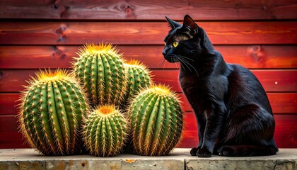 Black cat sitting next to a cluster of prickly barrel cacti on a wooden background