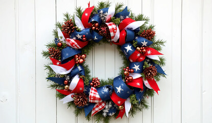 Elegant American Flag Christmas Wreath with Red White Blue Ribbons and Stars on White Wooden Background