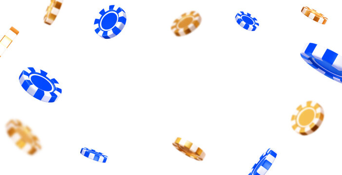 3d flying golden casino poker chips with different angles. Gold and blue chips for betting and gambling games. Stock vector illustration on isolated background.	
