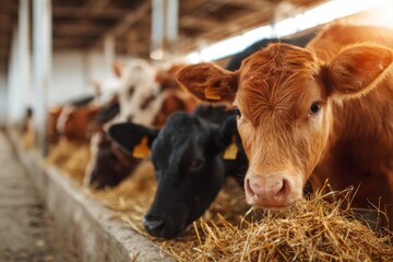 Close-up of several young cows feeding on hay in a barn, with sunlight streaming in