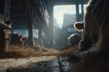 Interior barn scene with cows eating hay, bright light filtering, winter setting